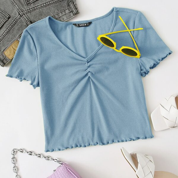 

V-neck Lettuce Trim Rib-knit Tee, Dusty blue
