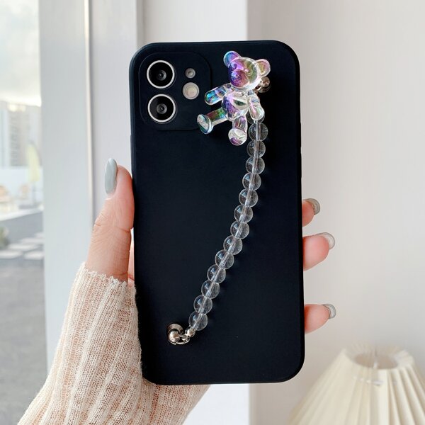 

Cartoon Bear Decor Hand Strap Phone Case, Black