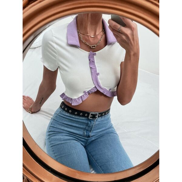 

Frill Trim Buttoned Crop Top, White