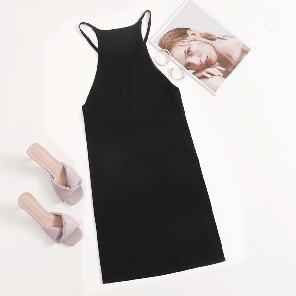 

Open Back Solid Cami Sweater Dress, Black