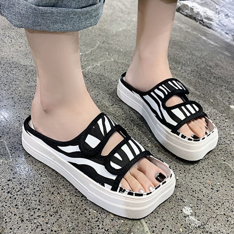

Zebra Striped Velcro Strap Slide Sandals, Black and white