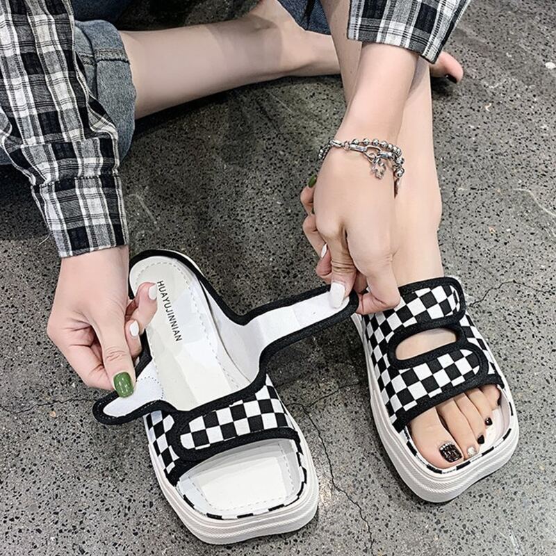 

Plaid Velcro Strap Slide Sandals, Black and white