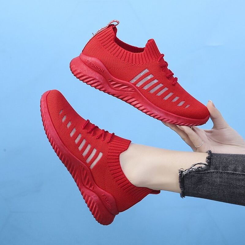 

Striped Lace-up Knit Sneakers, Red