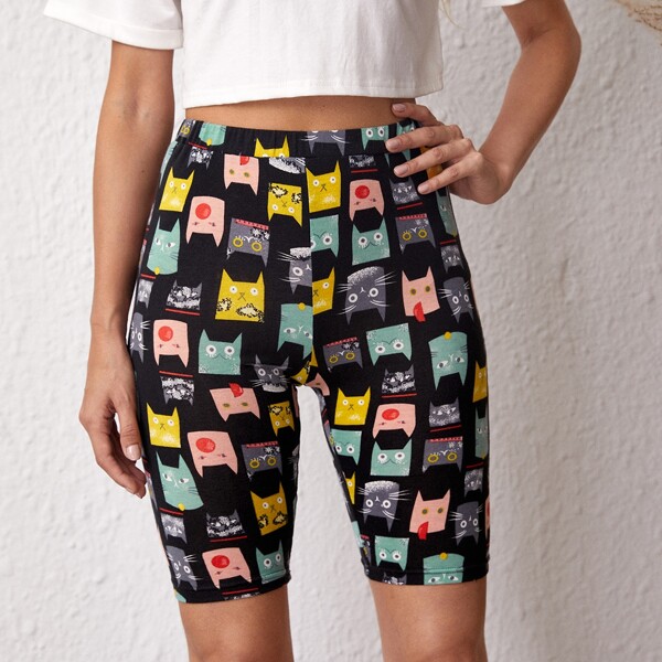 

Allover Cartoon Graphic Biker Shorts, Multicolor