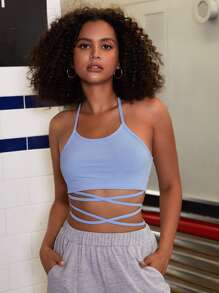 Lace Up Crop Halter Top - Blue - View 1