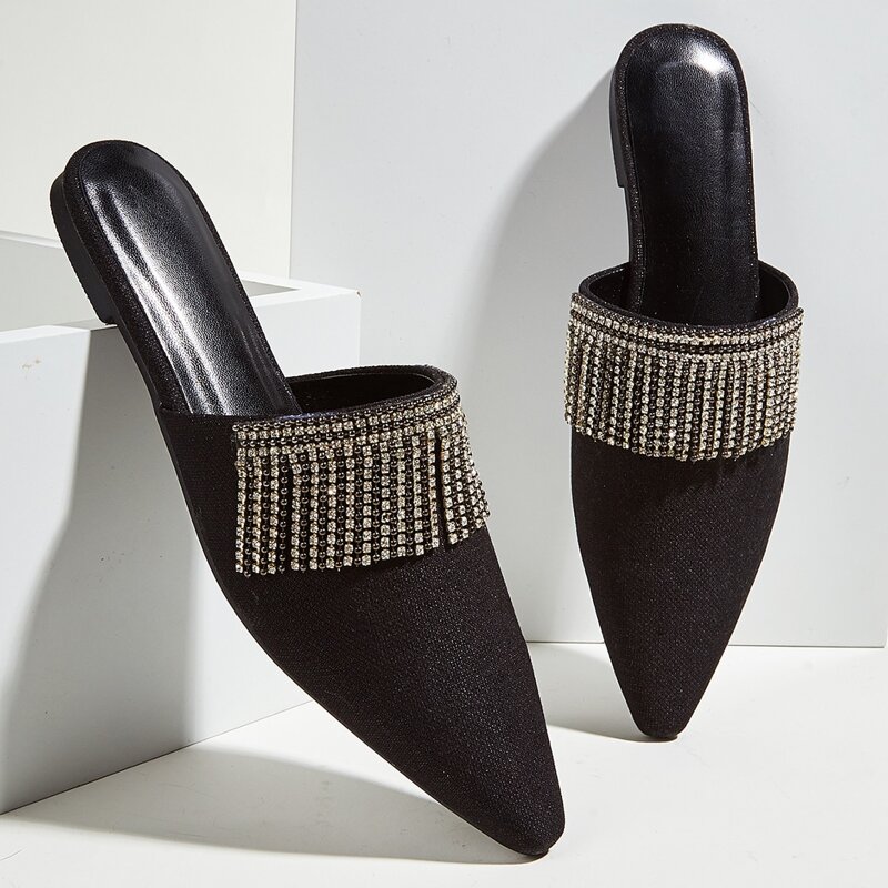 

Rhinestone Tassel Flat Mules, Black