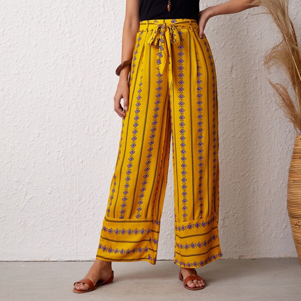 

Geo Print Wide Leg Belted Pants, Yellow