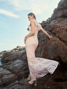 Ruffle Trim Lace Mermaid Prom Dress - Baby Pink - View 1