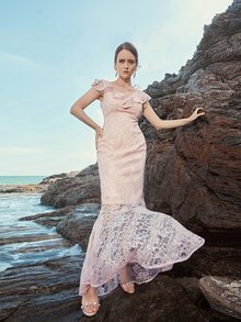 Ruffle Trim Lace Mermaid Prom Dress - Baby Pink - View 2