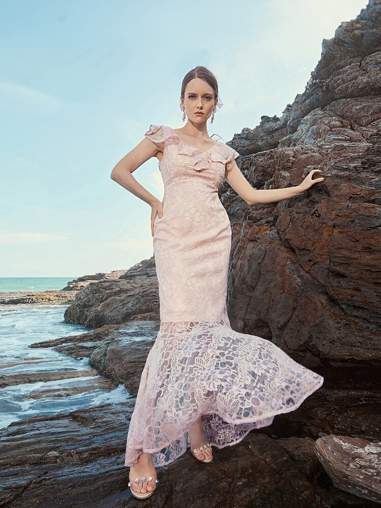 Ruffle Trim Lace Mermaid Prom Dress