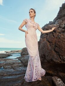 Ruffle Trim Lace Mermaid Prom Dress - Baby Pink - View 3