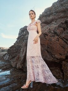 Ruffle Trim Lace Mermaid Prom Dress - Baby Pink - View 4