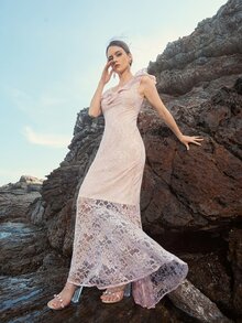 Ruffle Trim Lace Mermaid Prom Dress - Baby Pink - View 6