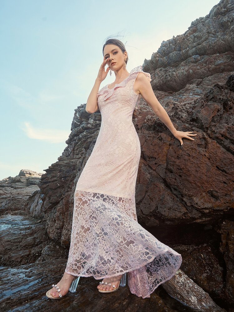 Ruffle Trim Lace Mermaid Prom Dress