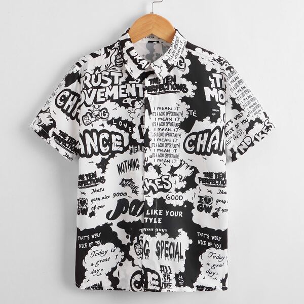 

Boys Slogan Graphic Shirt, Black and white