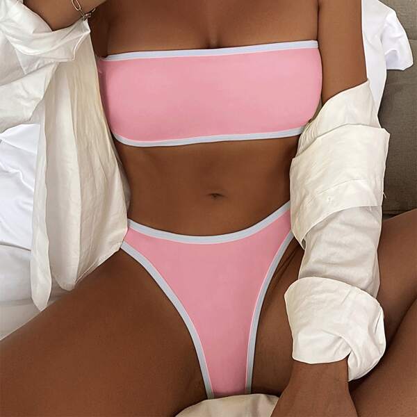 

Contrast Binding Bandeau Bikini Swimsuit, Pink