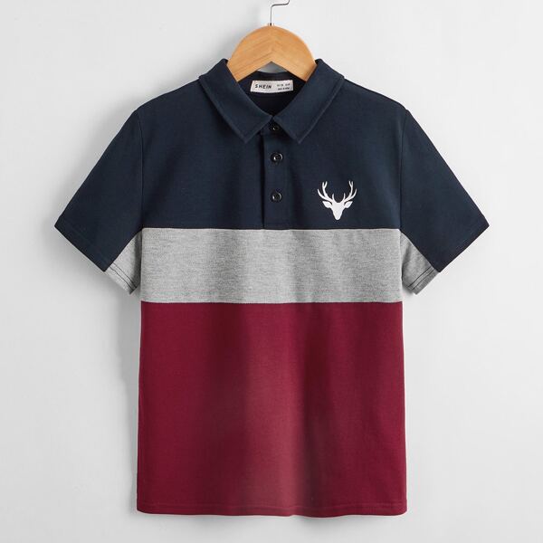 

Boys Deer Head Print Colorblock Polo Shirt, Multicolor