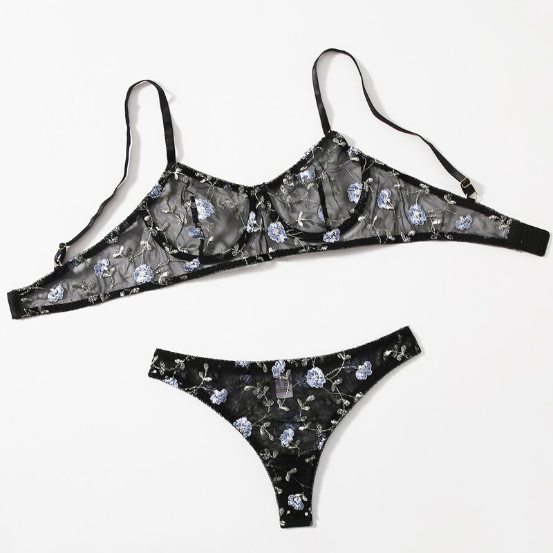 

Floral Embroidered Mesh Lingerie Set, Black