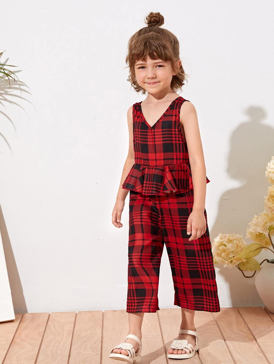 SHEIN Jumpsuit bé gái Dây kéo Sọc ca rô Boho - Nhiều màu - Xem 1