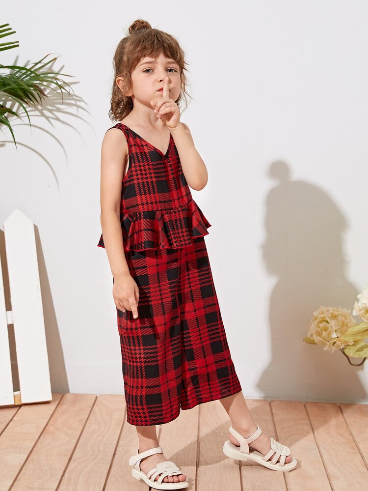 SHEIN 小女童雙V領格紋荷葉邊下擺連身長褲 - 彩色 - 查看 4