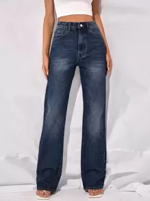 Jeans de pierna recta de cintura alta - Azul lavado oscuro - Ver 4