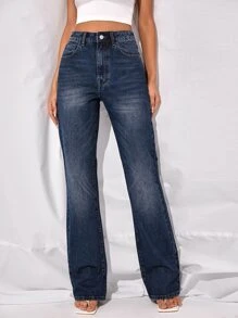 Jeans de pierna recta de cintura alta - Azul lavado oscuro - Ver 2