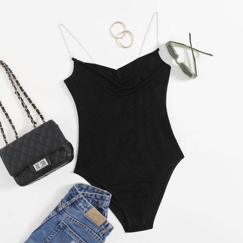 

Rhinestone Chain Detail Cami Bodysuit, Black