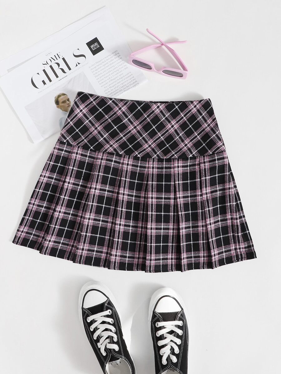 SHEIN EZwear Tartan Pleated Hem Skirt