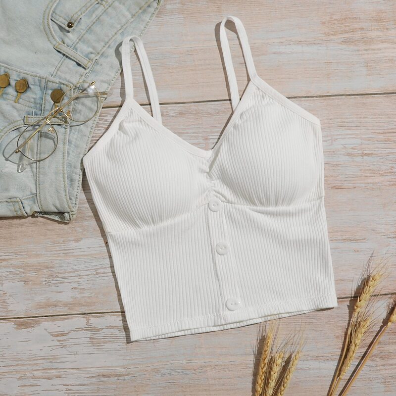 

Button Decor Longline Bralette, White