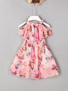 Vestido De Tirantes Con Hombros Descubiertos Y Volantes Con Estampado De Mariposas Para Niñas Pequeñas - Rosa - Ver 1