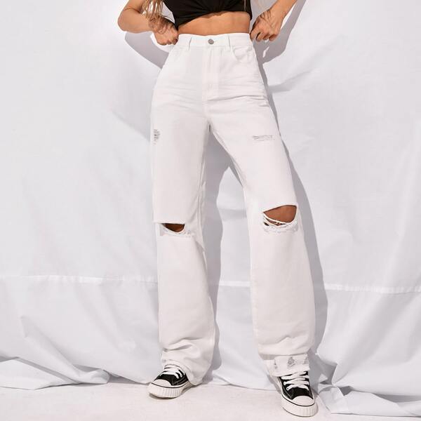 

High-Waist Denim Boyfriend Fit Jeans, White