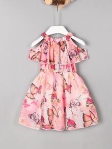 Vestido De Tirantes Con Hombros Descubiertos Y Volantes Con Estampado De Mariposas Para Niñas Pequeñas - Rosa - Ver 2