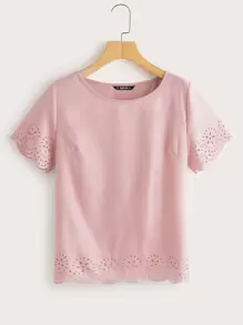 SHEIN LUNE Solid Laser Cut Scalloped Top - Dusty Pink - View 1