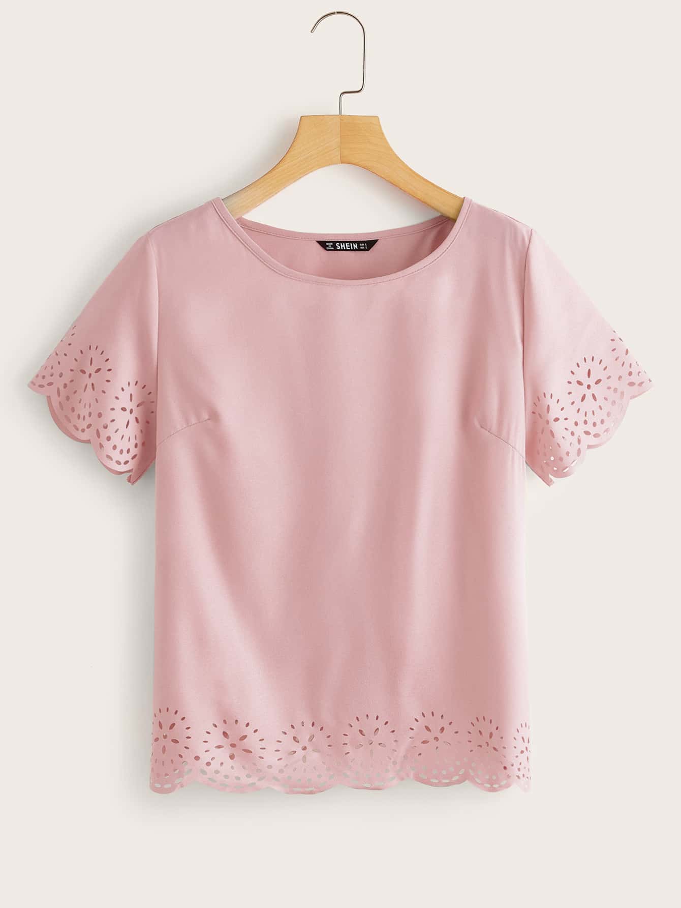 SHEIN LUNE Solid Laser Cut Scalloped Top - Dusty Pink - View 1