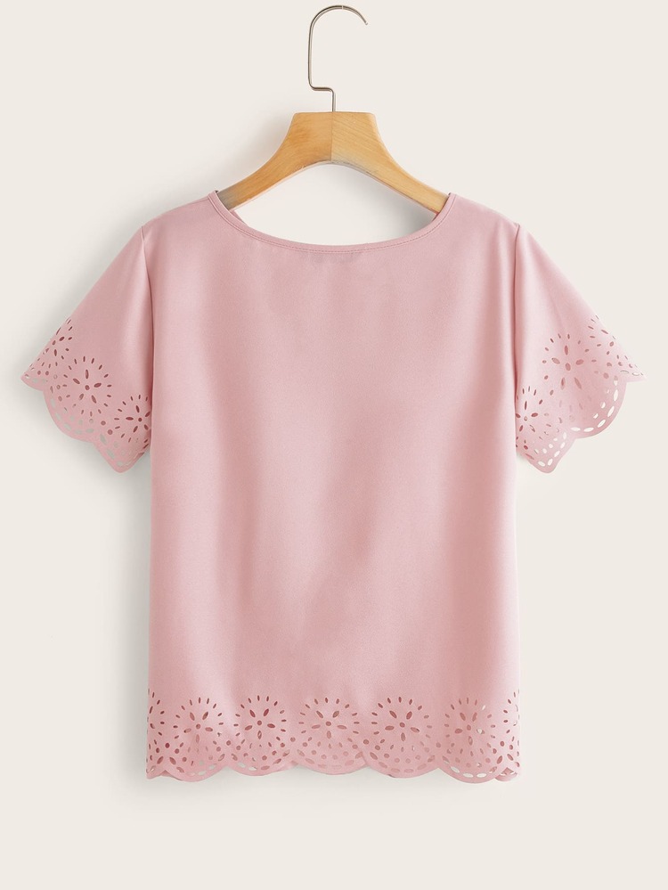 SHEIN LUNE Solid Laser Cut Scalloped Top - Dusty Pink - View 2