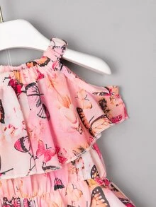 Vestido De Tirantes Con Hombros Descubiertos Y Volantes Con Estampado De Mariposas Para Niñas Pequeñas - Rosa - Ver 5