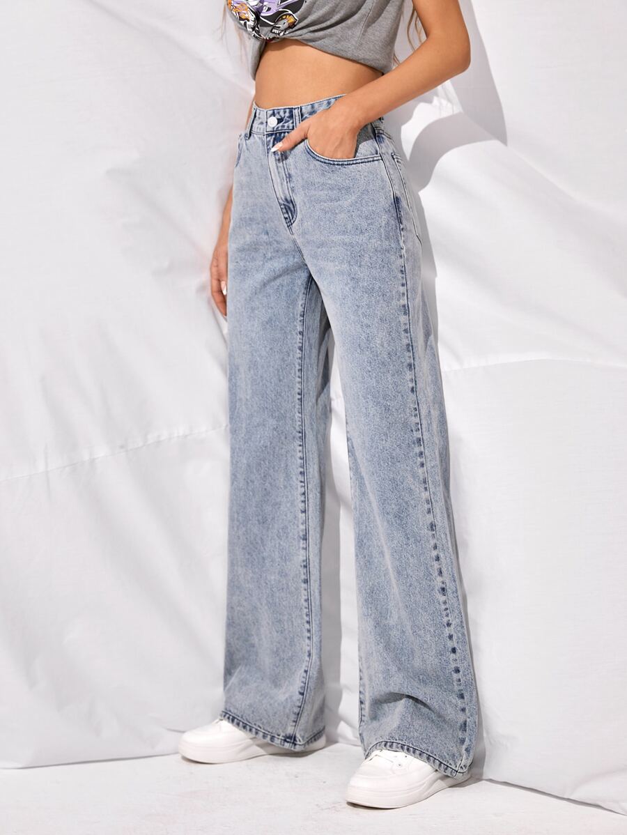 High-Waisted Slant Pocket Wide Leg Jeans - Light Wash - View 1