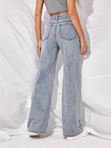 High-Waisted Slant Pocket Wide Leg Jeans - Light Wash - View 4