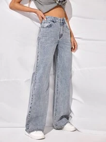 High-Waisted Slant Pocket Wide Leg Jeans - Light Wash - View 6