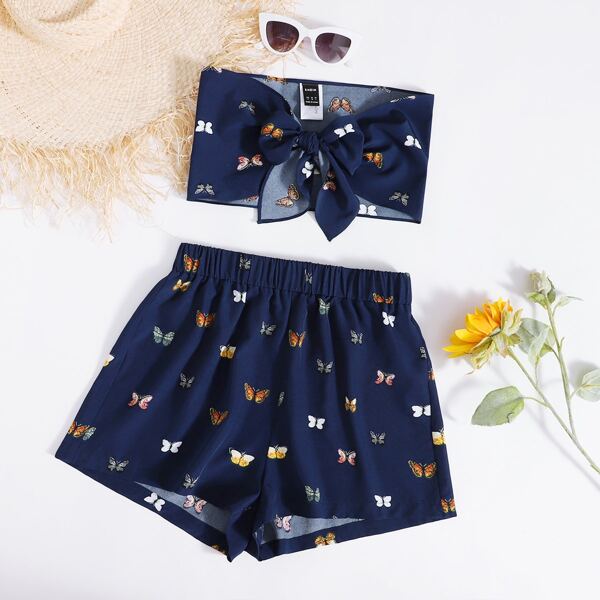 

Butterfly Print Tie Front Crop Tube Top & Shorts Set, Navy blue