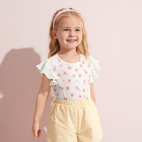 

Toddler Girls Ruffle Armhole Floral Print Top, White
