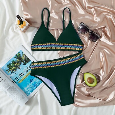 Contrast Trim Triangle Bikini Swimsuit