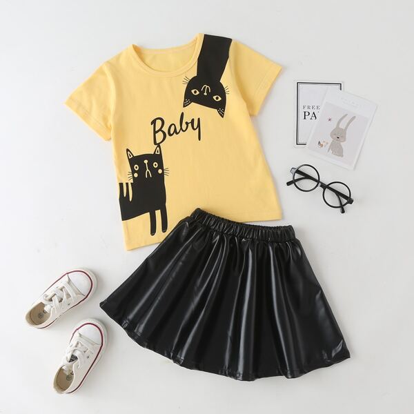

Toddler Girls Cartoon Cat Tee With PU Skirt, Multicolor
