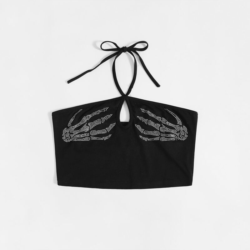 

Skeleton Rhinestone Crop Halter Top, Black