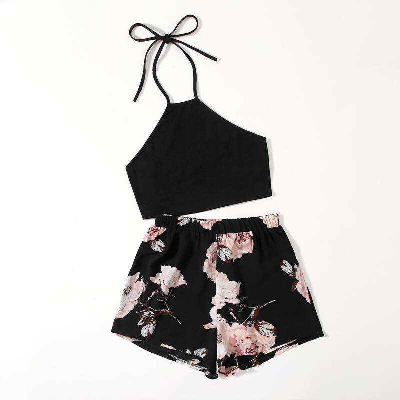 

Solid Crop Halter Top & Floral Print Shorts, Black