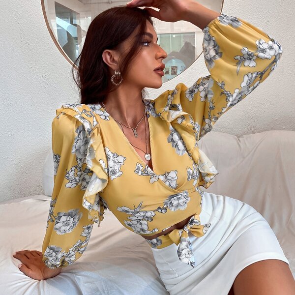 

Floral Print Tie Front Wrap Blouse, Yellow