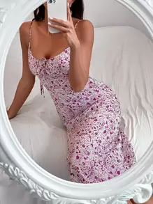 Knot Front Ditsy Floral Cami Dress - Purple - View 1