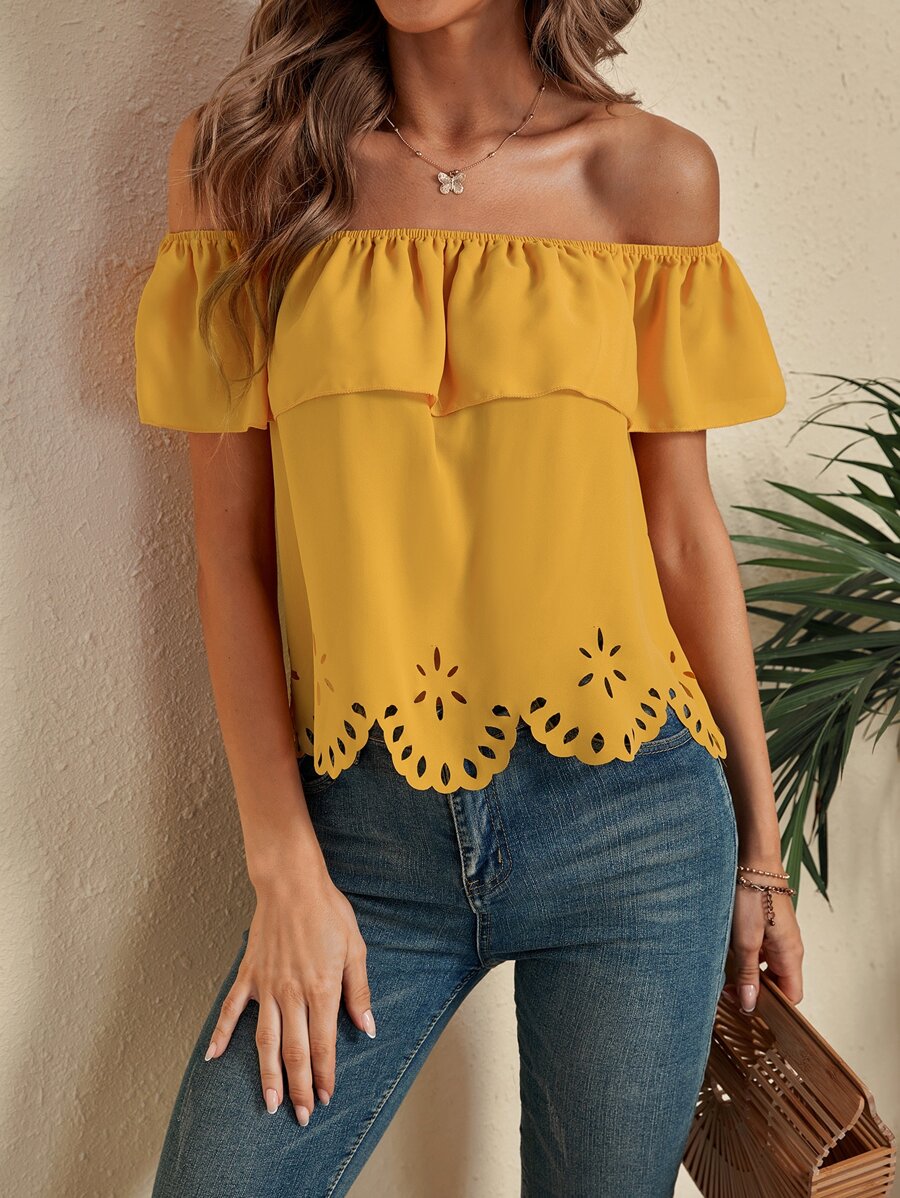 SHEIN Clasi Blusa Recortada Con Láser Y Hombros Descubiertos - Amarillo - Ver 1