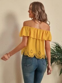 SHEIN Clasi Blusa Recortada Con Láser Y Hombros Descubiertos - Amarillo - Ver 2