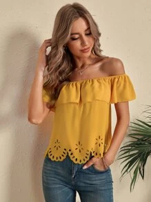 SHEIN Clasi Blusa Recortada Con Láser Y Hombros Descubiertos - Amarillo - Ver 3